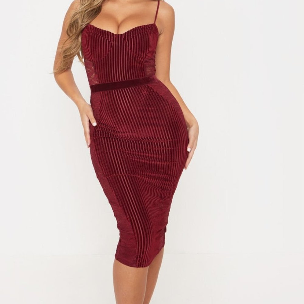 BURGUNDY VELVET LACE PANEL MIDI DRESS (SZ 6)
